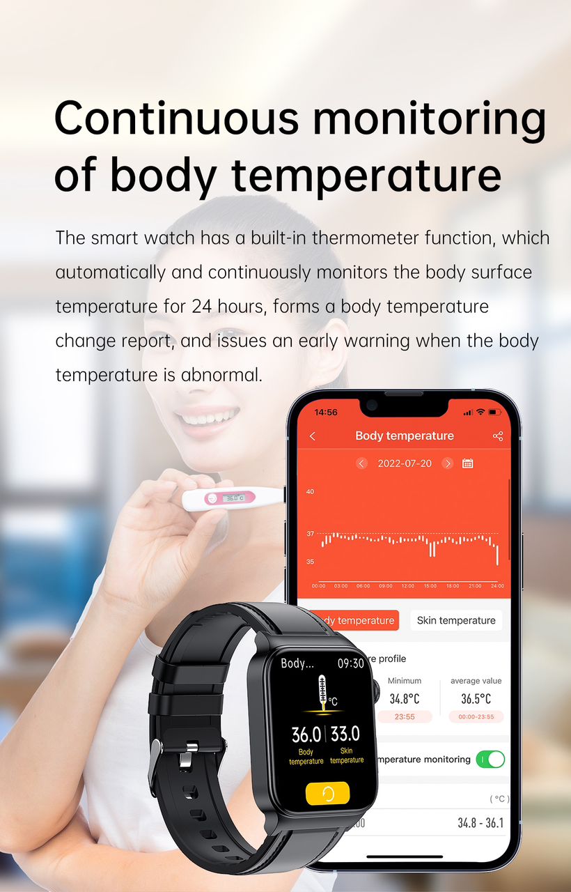 Watch with Body Temperature Sensor, Smart Watch with Sleep Tracking, Smart Watch with Oxygen Monitor, Smart Watch for Health Tracking, Smart Watch for Fitness and Health, Smart Watch for Diabetes, Smart Watch for Android and iPhone, Non-Invasive Glucose S