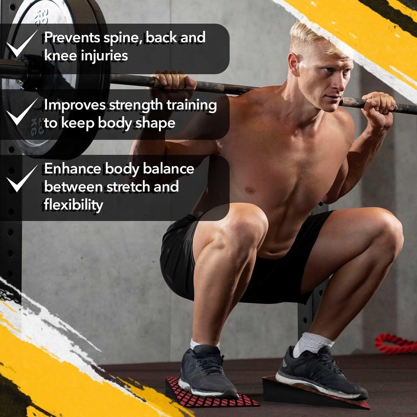 workout gear, stretch and strengthen, strength training, deeper squats, squat wedges, mobility training, leg day essentials, heel elevated squats, gym accessories, fitness equipment