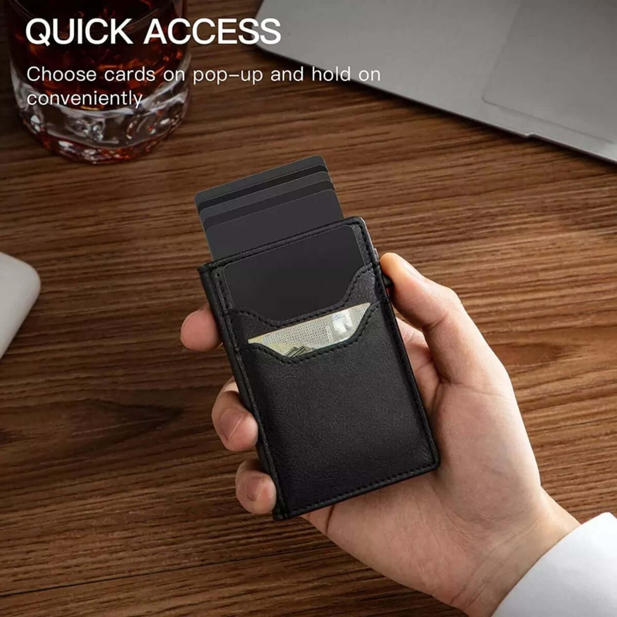 Wallet with card pop-up, Slim wallet for men, Slim front pocket wallet, RFID blocking wallet, PU leather wallet, Pop up wallet, Modern wallet design, Minimalist wallet, Lightweight travel wallet, Credit card holder, Compact wallet, Card holder wallet, Ant